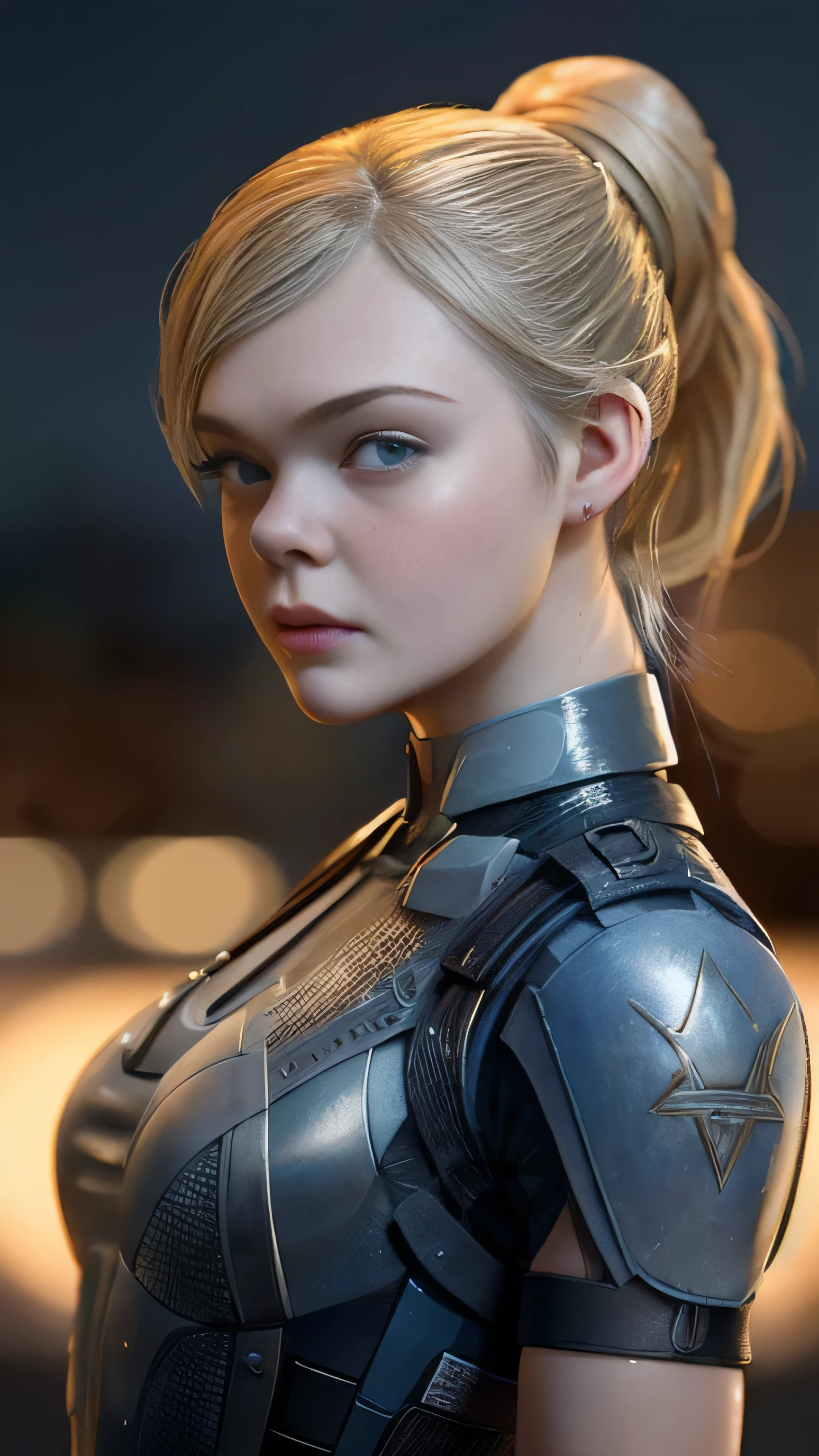 (Elle Fanning) as Cassie Cage from Mortal Kombat, blonde hair, undercut, single hair bun, dog tags, bodysuit, standing, on a rooftop bar at night, standing, 1woman, solo, full body view, front view, looking at viewer, intricate, high detail, sharp focus, dramatic, photorealistic painting art by greg rutkowski