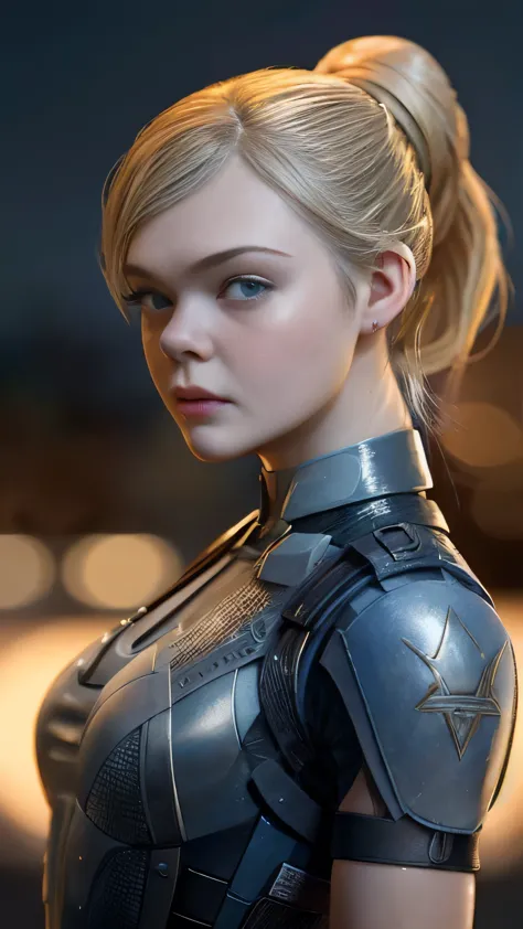 (Elle Fanning) as Cassie Cage from Mortal Kombat, blonde hair, undercut, single hair bun, dog tags, bodysuit, standing, on a roo...