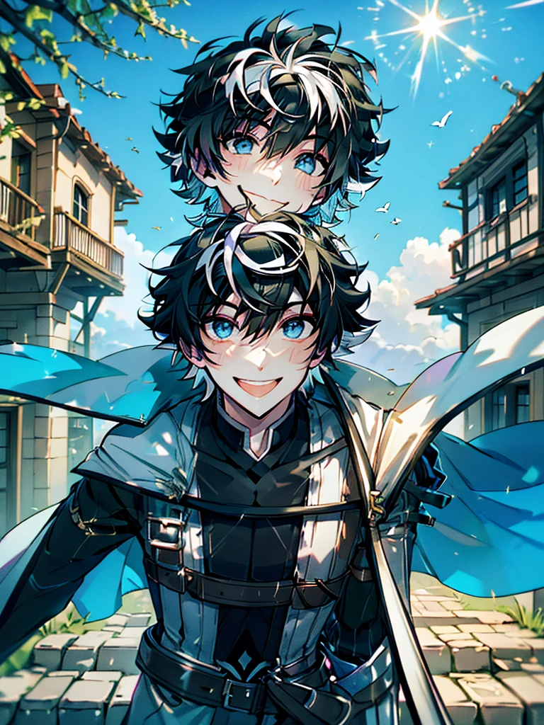 ((absurdres)), hd, uhd, (((HDR))), ((best quality)), (ultra high quality), (hi-res), (cowboy shot), (from above), ((1boy)), charlemagne, black hair, blue eyes, multicolored hair, two-tone hair, ((happy expression)), (smiling), cute, looking at camera, wall, stairs, ((head tilted towards camera)), (dynamic), medieval city, outside, medieval buildings, cobblestone sidewalk, daytime, additional lighting, sunlight on face, noon, bright sun, medieval city scenery, birds, 