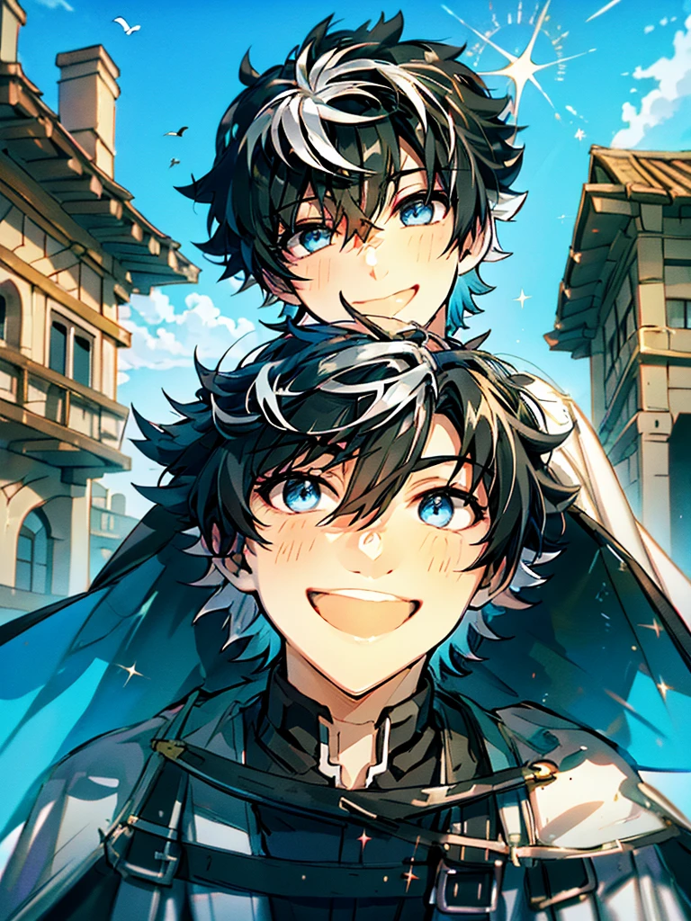 ((absurdres)), hd, uhd, (((HDR))), ((best quality)), (ultra high quality), (hi-res), (cowboy shot), (from above), ((1boy)), charlemagne, black hair, blue eyes, multicolored hair, two-tone hair, ((happy expression)), (smiling), cute, looking at camera, wall, stairs, ((head tilted towards camera)), (dynamic), medieval city, outside, medieval buildings, cobblestone sidewalk, daytime, additional lighting, sunlight on face, noon, bright sun, medieval city scenery, birds, 