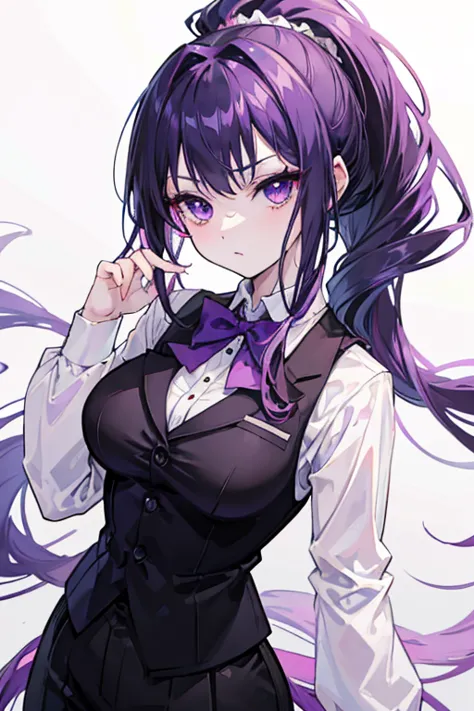 anime girl, dark purple hair, purple eyes with pink, pale skin, wearing a formal suit (white shirt with black vest),with a ponyt...