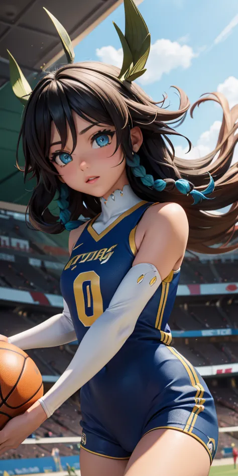 Masterpiece, anime CG, girl, beautful hair, wheat-colored skin, bodysuit, sports girl, wearing basketball uniform, smooth textur...