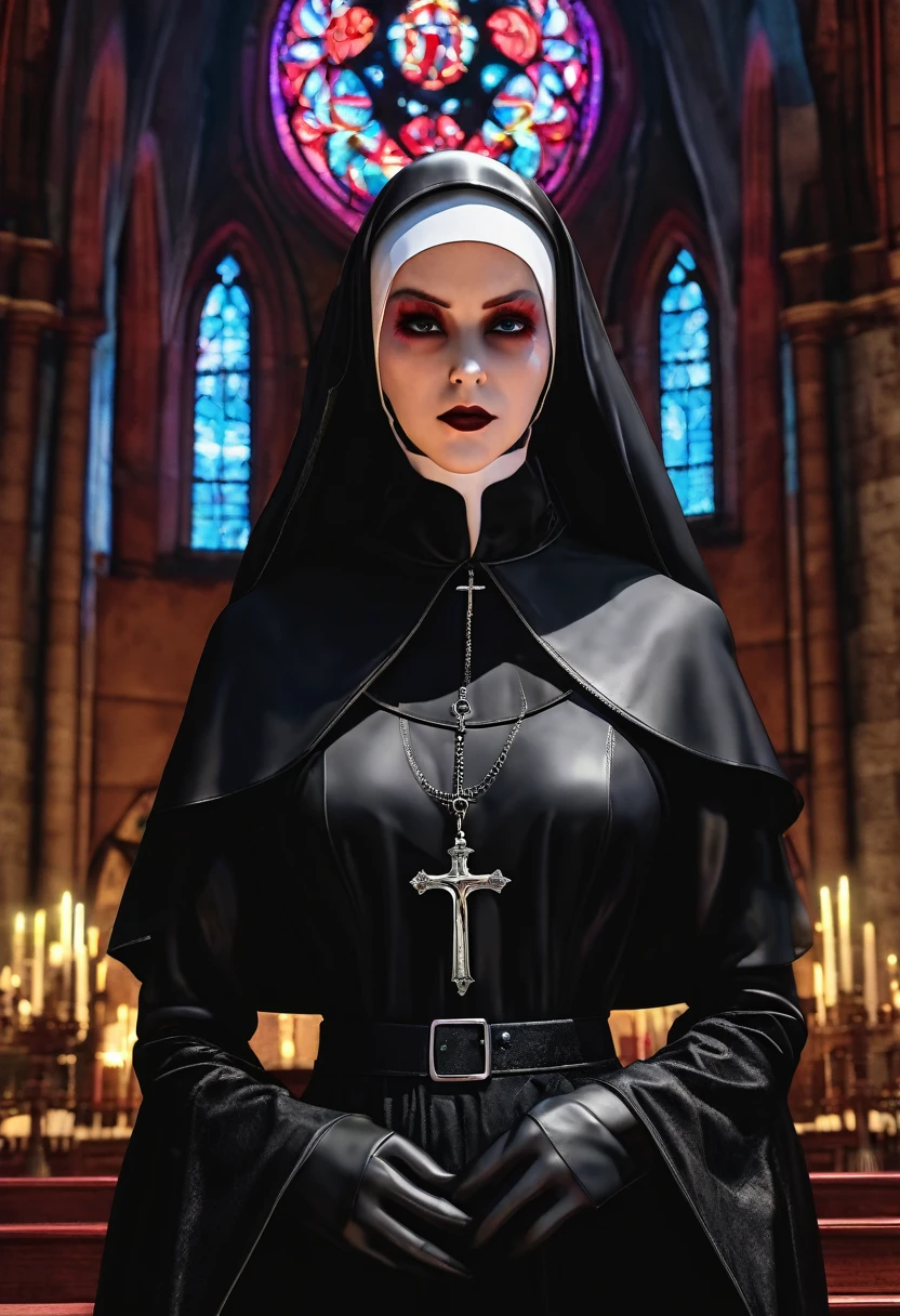 CRUDO, analogous thing) (Gothic nun huge chest), set in the 1990s, maquillaje surrealista, leather clothing inside a gothic church at night, neon lights, muy oscuro, horror, tonos rojos, caos, siniestro, detalles altos, ultra realista, SonyA7III, cinematic lighting, movie, grano, caras UHD, volumetric shadow, incredibly detailed,   by hyaku by hyaku