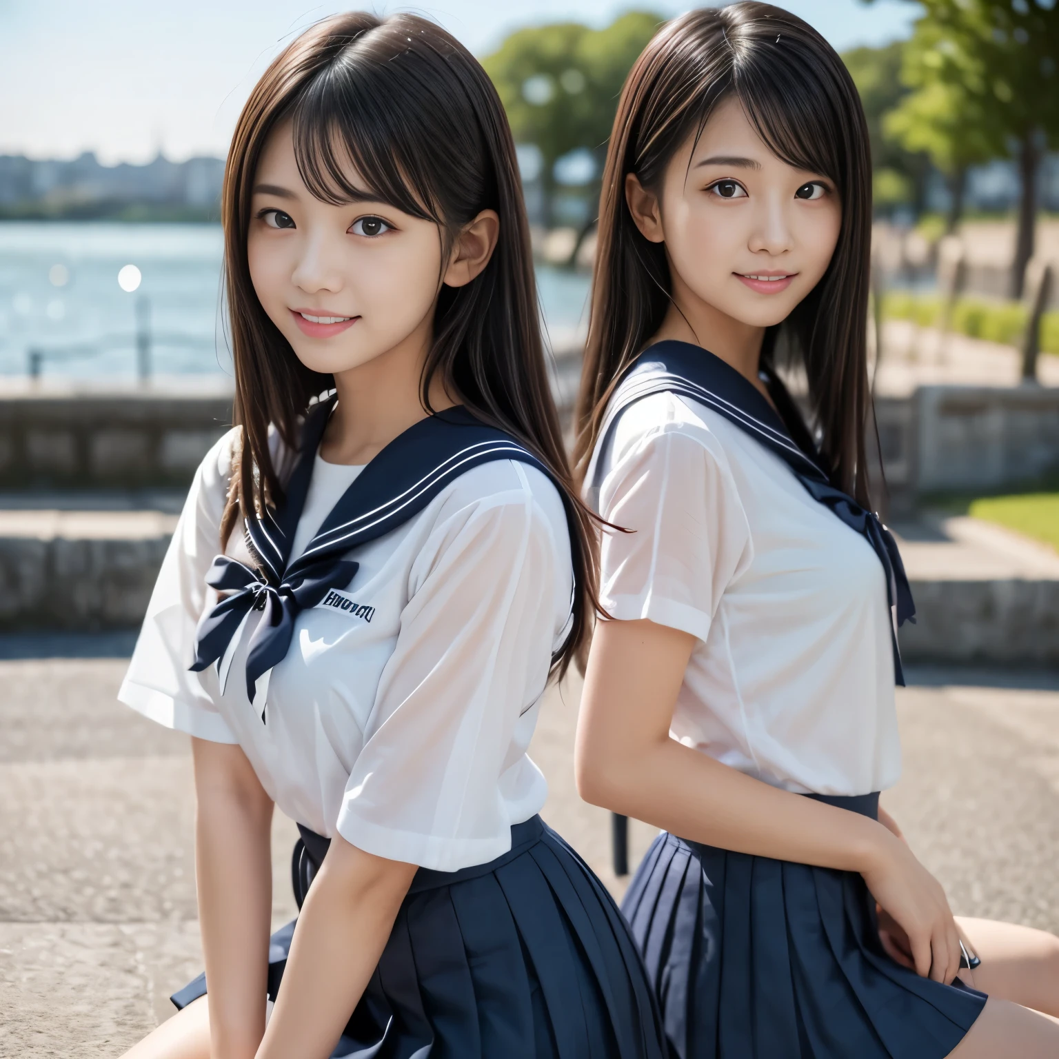 One Girl, (White shirt, Sailor , Navy blue pleated mini skirt:1.2), (Idol-like cute face:1.2), (RAW Photos, highest quality), (Realistic, Photorealistic:1.4), Tabletop, Very delicate and beautiful, Very detailed, 8k wallpaper, wonderful, In detail, Very detailedなCG Unity, High resolution, Soft Light, Beautifully detailed 16 year old girl, Very detailedな目と顔, Beautifully detailed nose, Beautiful fine details,　Droopy eyes, Cinema Lighting, (The background is a beautiful summer sea and blue sky),Perfect Anatomy,Slender body,smile  (Black Hair, Medium Straight Hair, Bob Hair),smile,  Beautiful slim figure, sexy,whole body, Sit on the embankment,