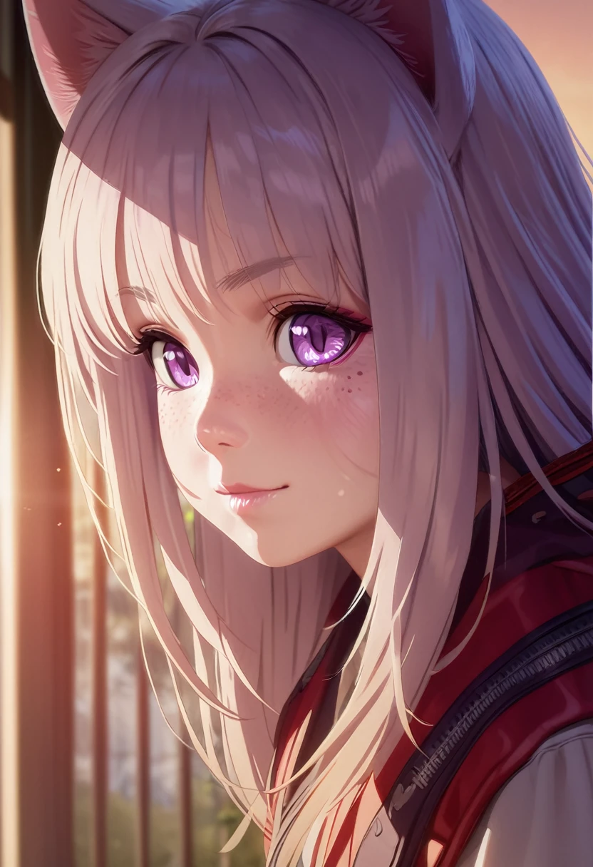 A little cat girl, beautiful detailed purple eyes, cream colored hair, Japanese , red backpack, (best quality,4k,8k,highres,masterpiece:1.2),ultra-detailed,(realistic,photorealistic,photo-realistic:1.37),detailed facial features, detailed clothing, high quality lighting, vibrant colors, soft lighting, golden hour lighting, magical realism, fantasy, anime style