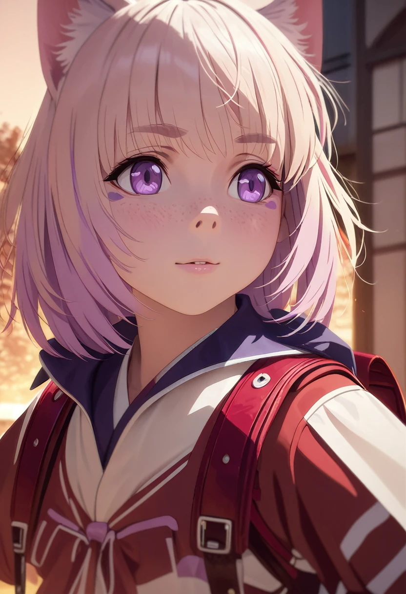 Une petite fille chat, Beaux yeux violets détaillés, cheveux couleur crème, Japonais , sac à dos rouge, (Meilleure qualité,4k,8k,haute résolution,chef-d&#39;œuvre:1.2),ultra-détaillé,(Réaliste,photoRéaliste,photo-Réaliste:1.37),traits du visage détaillés, vêtements détaillés, éclairage de haute qualité, couleurs vives, éclairage doux, éclairage de l&#39;heure d&#39;or, réalisme magique, fantaisie, Style animé