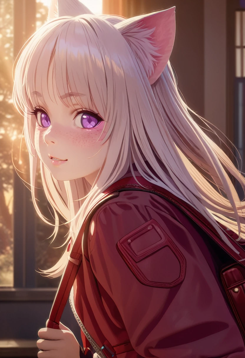 A little cat girl, beautiful detailed purple eyes, cream colored hair, Japanese , red backpack, (best quality,4k,8k,highres,masterpiece:1.2),ultra-detailed,(realistic,photorealistic,photo-realistic:1.37),detailed facial features, detailed clothing, high quality lighting, vibrant colors, soft lighting, golden hour lighting, magical realism, fantasy, anime style