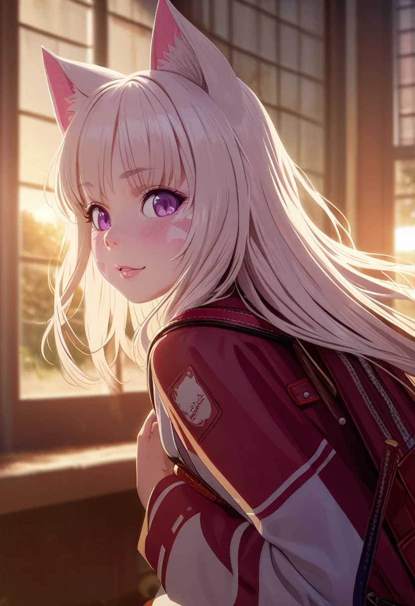 A little cat girl, beautiful detailed purple eyes, cream colored hair, Japanese , red backpack, (best quality,4k,8k,highres,masterpiece:1.2),ultra-detailed,(realistic,photorealistic,photo-realistic:1.37),detailed facial features, detailed clothing, high quality lighting, vibrant colors, soft lighting, golden hour lighting, magical realism, fantasy, anime style