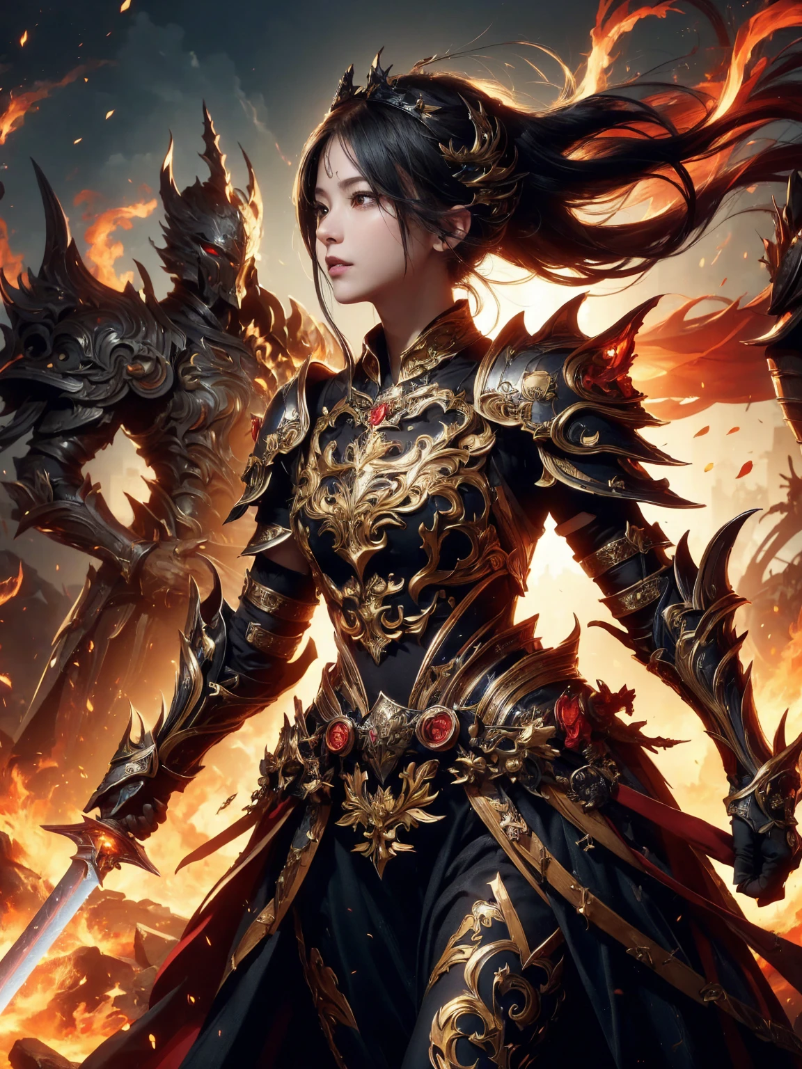 ((Low angle view)), ((Detailed background)), ((Battlefield, group of armies)), (masterpiece, top quality, best quality, official art, beautiful and aesthetic:1.2), (1girl),craft a Hyper-realistic portrayal of a futuristic (1girl1.2), beautiful character donned in intricate armor surrounded by captivating flames, an epic long (sword:1.2), Dynamic pose, Random pose, Dynamic angle, battle stance, Meticulous details capture the intense fusion of tradition and innovation in this visually stunning composition. Trending on Artstation. Perfect lighting,,