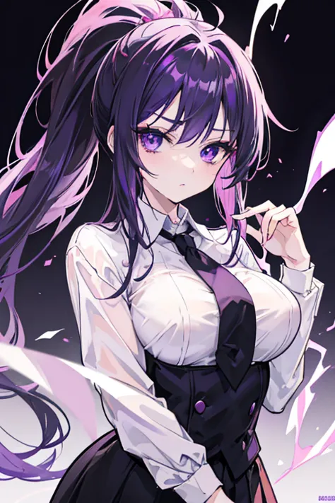 anime girl, dark purple hair, purple eyes with pink, pale skin, wearing a formal suit (white t-shirt with black tie),with a pony...