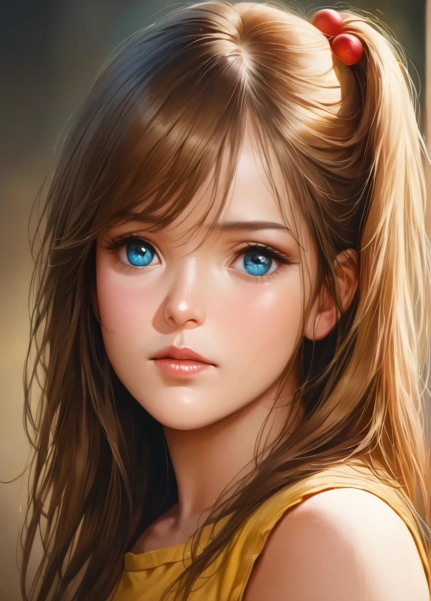 a beautiful girl with blue eyes and brown hair, one side of her hair is up with hair bobbles, she has long hair and a hair ornament, she is wearing a yellow sleeveless shirt and a blue pleated skirt, (best quality,4k,8k,highres,masterpiece:1.2),ultra-detailed,(realistic,photorealistic,photo-realistic:1.37),portrait,highly detailed,intricate details,exquisite,elegant,beautiful,stunning,vibrant colors,soft lighting,warm tones