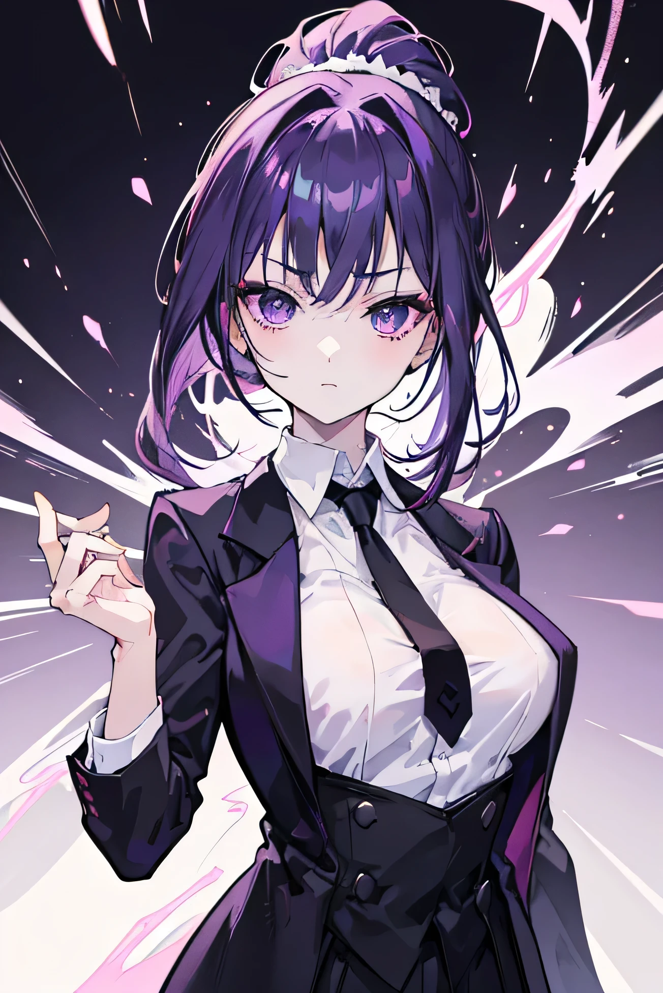 anime girl, dark purple hair, purple eyes with pink, pale skin, wearing a formal suit (white t-shirt with black tie),with a ponytail in her hair, elegant makeup, big breasts but not that big.