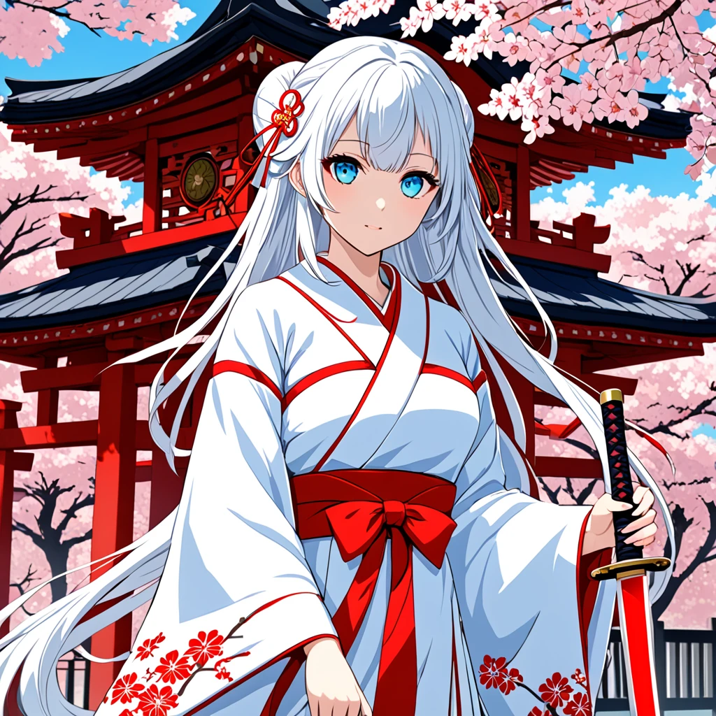 Cheveux permanentés blancs、Yeux d&#39;arbre bleu、Elle porte un costume de jeune fille du sanctuaire et tient une épée japonaise。