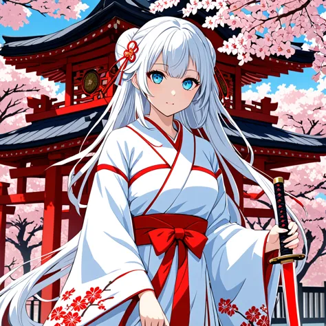 White perm hair、Blue Tree Eyes、She is wearing a shrine maiden costume and holding a Japanese sword。
