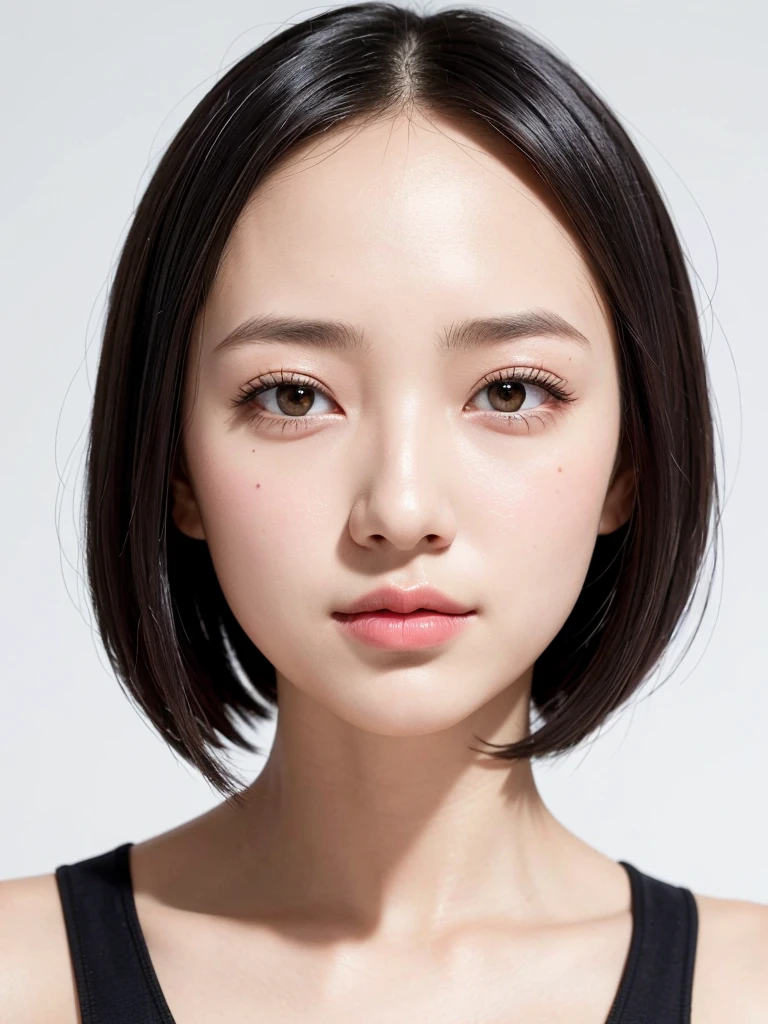 ((highest quality)), ((masterpiece)), (detailed), One girl,White background,Short Bob,Clear skin,clear,Shooting from a distance,delicate,Beauty salon model,Street Snap,Black Hair