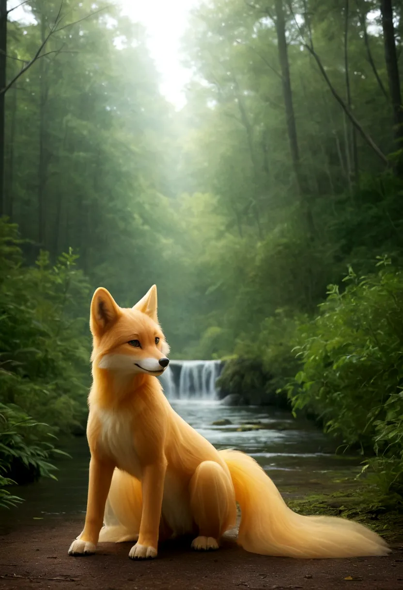 Translucent fox、looking at the camera、The background is a forest、Shooting from a distance