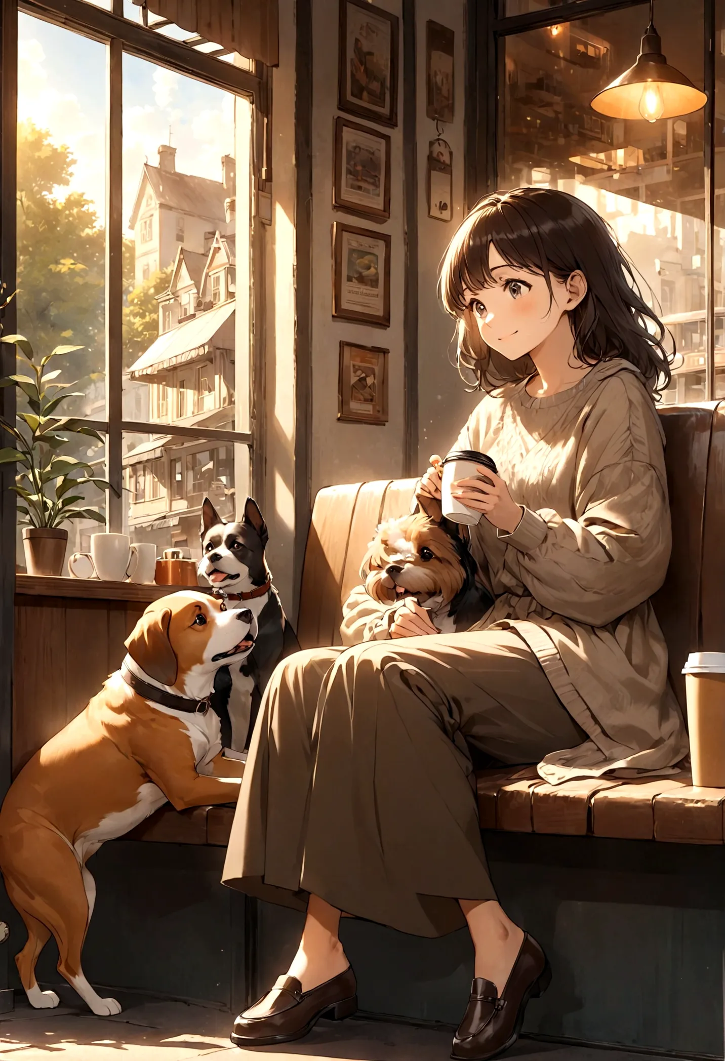 studio ghibli style, jazz, retro coffee shop, a relaxed sunday morning. a woman and a dog are sitting together, enjoying coffee....