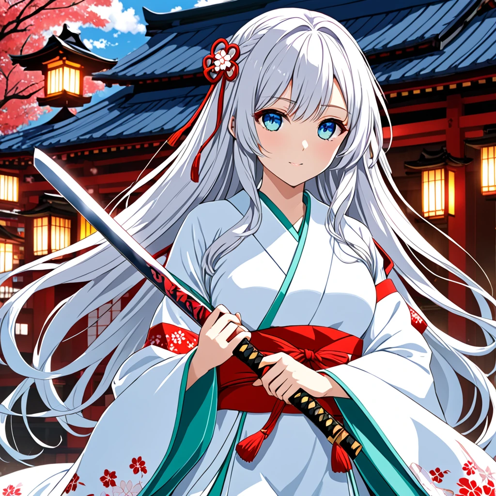 белые волнистые волосы、Голубые глаза дерева、Она одета в костюм жрицы и держит японский меч.。