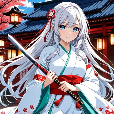White wavy hair、Blue Tree Eyes、She is wearing a shrine maiden costume and holding a Japanese sword。