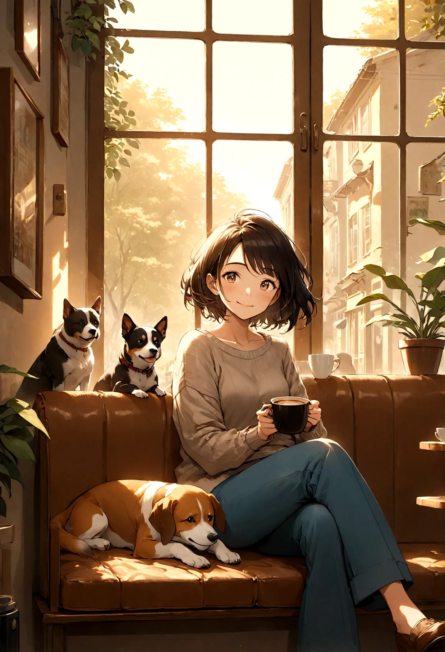 studio ghibli style, jazz, retro coffee shop, a relaxed sunday morning. a woman and a dog are sitting together, enjoying coffee....