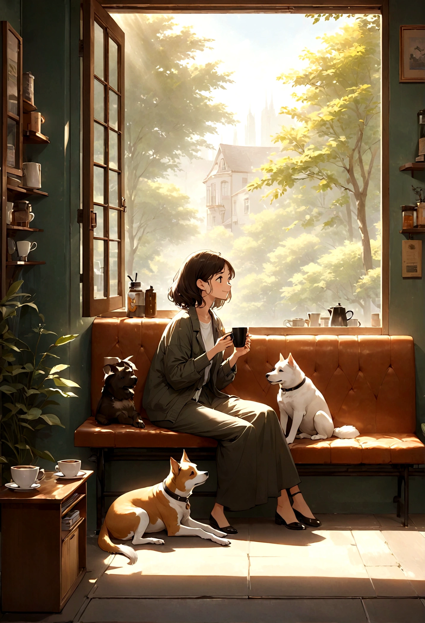 Studio Ghibli style, jazz, retro coffee shop, a relaxed Sunday morning. A woman and a dog are sitting together, enjoying coffee. The woman has a gentle smile and wears casual clothes, while the dog sits beside her on the bench, looking content. The atmosphere is warm and cozy, with sunlight streaming through the window and a hint of jazz music playing in the background. The scene captures a peaceful moment of relaxation and companionship.