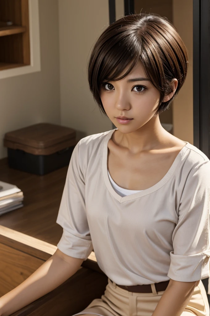 boku no hero girl short hair medium brown small eyes and chest serious expression and sitting 