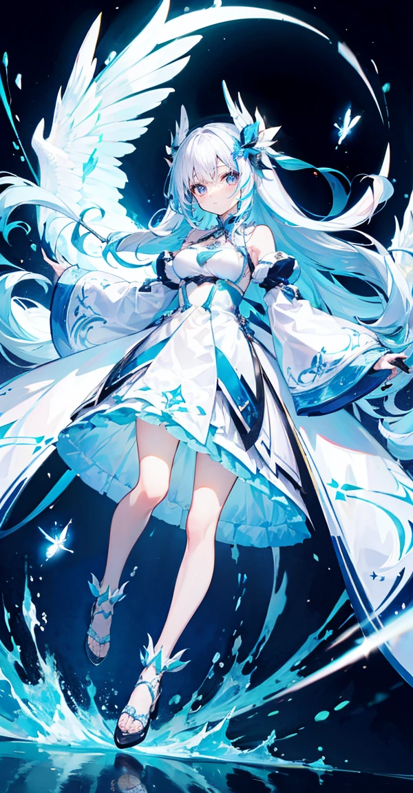 White long hair、Light blue inner color(Pieces fly), (highest quality), Very detailed, ((1 girl)), Solo full body shot，Audience&#39;Perspective，Low Angle，dynamic，Jump，(Big smile)，Wink，Perfect Face, Beautiful Face, Very detailedな顔，((Long white hair_blue eyes:1.3))，Light blue inner color、Gorgeous idol costumes，Idle only，hair ornaments，Concert Dome，live，Holding a microphone，sing，Laugh with your mouth wide open，Laser light，Spotlight，Lots of confetti