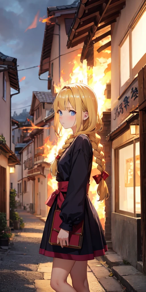 slavian girl anime fire on background, the village is burning, the girl is standing sideways, blonde, long braid, sad