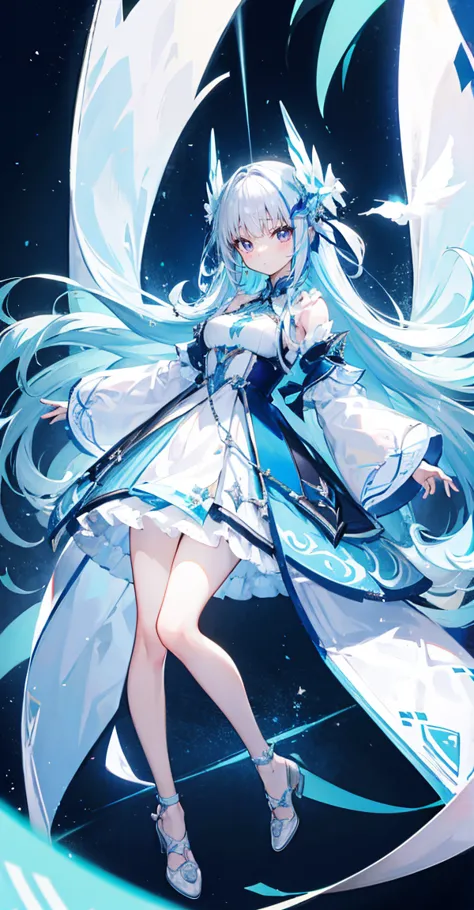 white long hair、light blue inner color(pieces fly), (highest quality), very detailed, ((1 girl)), solo full body shot，audience&#...