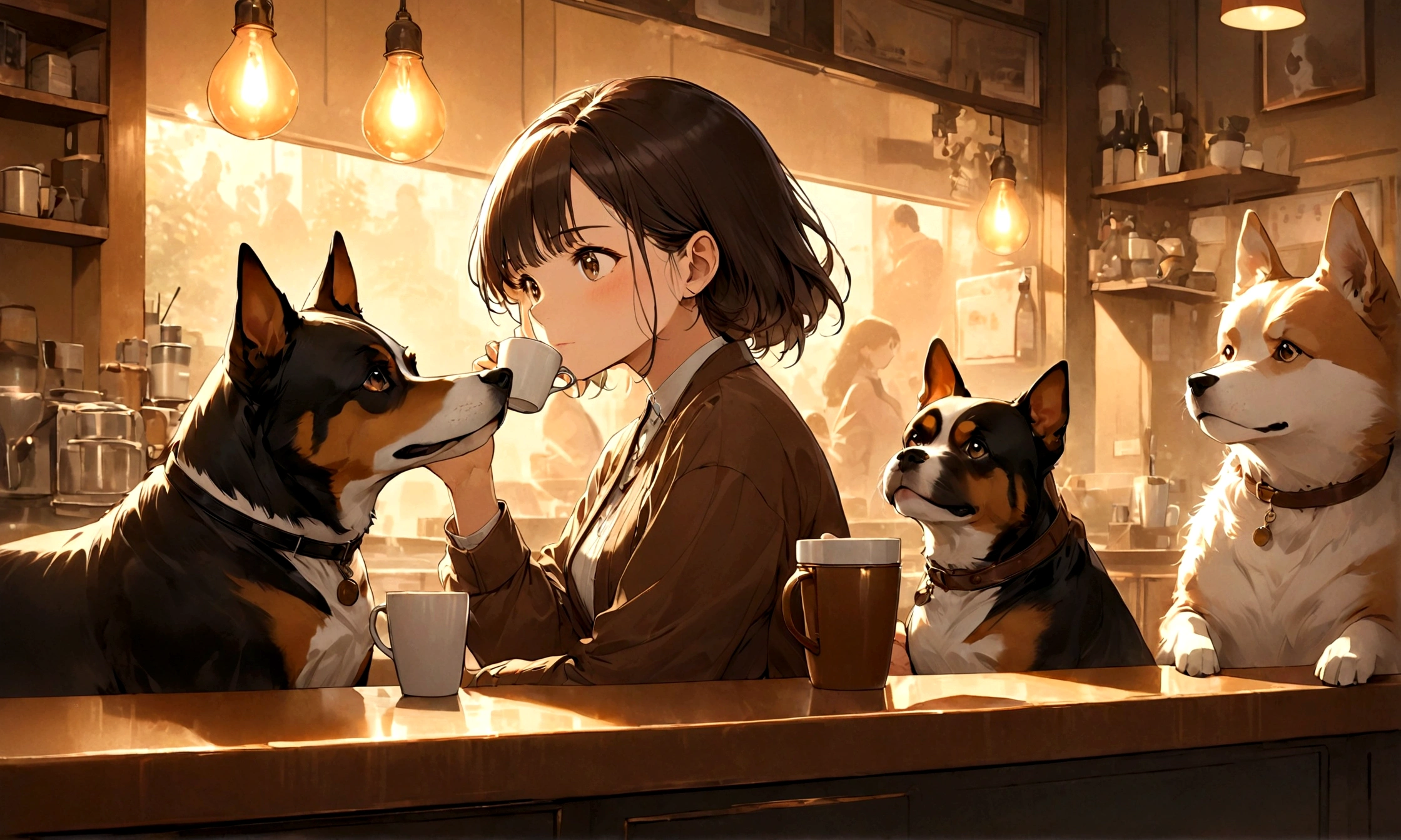 A cozy, retro jazz café with soft lighting and wooden furniture exuding a nostalgic atmosphere. The counter area features live jazz music being played, filling the café with smooth jazz melodies. Seated at the counter, a woman delicately sips from a small coffee cup, enjoying her coffee gracefully. Beside her, a large dog sits calmly, sharing the serene moment with a content expression. The image is rendered in a Ghibli-like style, with soft hues and intricate linework that evoke a warm and inviting ambiance. The woman’s attire and the dog's expressions are finely detailed, adding a sense of endearment to the characters