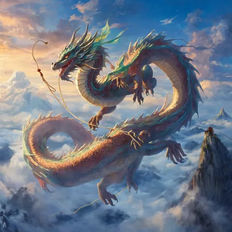 there is a dragon flying in the sky in the painting，a man is tied to a rope, dragon flying in the sky, dragon flying in the sky,...