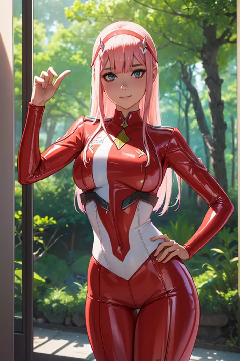 1 chica, ((zero two darling en el franxx)), (((red latex tight pants))), vemos su, she is riding a , inclinado sobre un escritor...