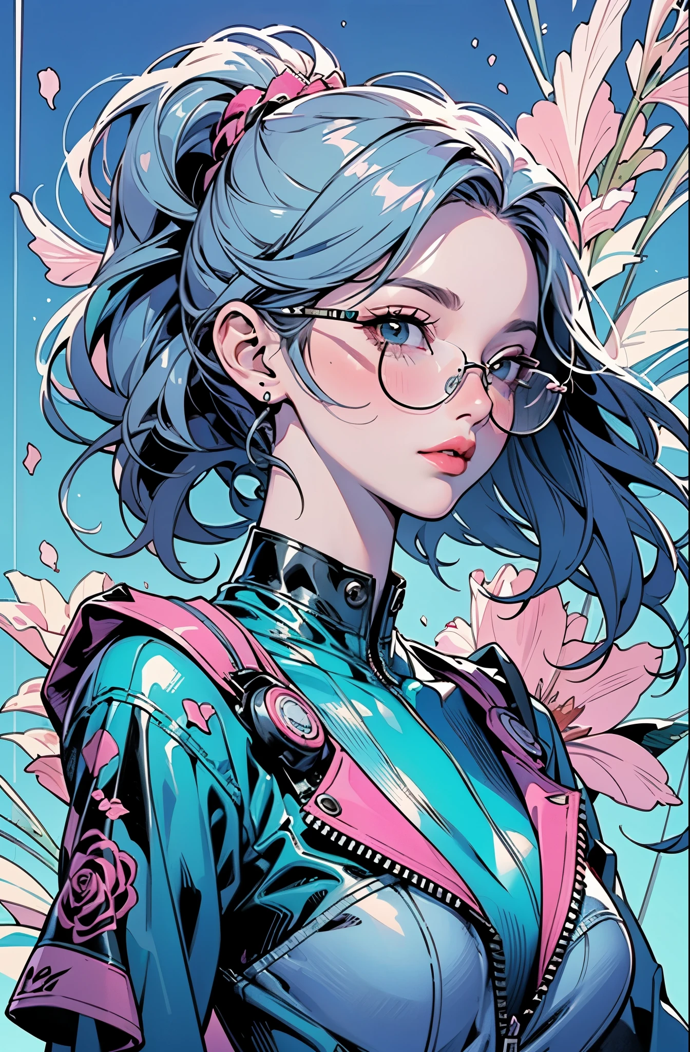 official art, unity 8k wallpaper, ultra detailed, beautiful and aesthetic, masterpiece, best quality, (cyberpunk female woman) wearing (Rose Quartz Pink Denim Jacket with chromatic accents:1.1), sleek full bodysuit, vibrant colors, wearing sharp retro glasses, (Petal Blush,Lagoon Blue color background:1.3), art style of Patrick Nagel