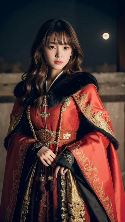 Japanese girl , 16 year old ,(middle hair, brown hair, fringe) ,black and white dress and red cape, wearing a noblewoman's outfit, wearing a luxurious royal cloak, wearing dramatic aristocrat robe, Wearing a luxurious silk cloak, wearing a luxurious cloak,
,(masterpiece, highest quality, Very detailed, Ultra-high resolution, (photopractical:1.4), Original photo, (practical:0.2), 8K HDR,)、dark room,  kingdom temple,  moon-lighting,