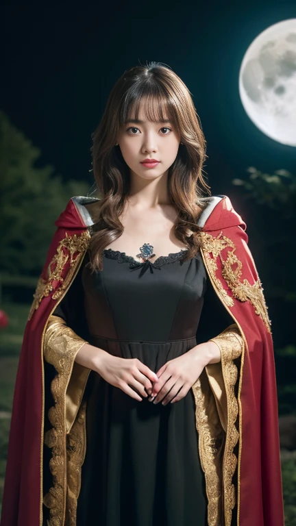 Japanese girl , 16 year old ,(middle hair, brown hair, fringe) ,black and white dress and red cape, wearing a noblewoman's outfit, wearing a luxurious royal cloak, wearing dramatic aristocrat robe, Wearing a luxurious silk cloak, wearing a luxurious cloak,
,(masterpiece, highest quality, Very detailed, Ultra-high resolution, (photopractical:1.4), Original photo, (practical:0.2), 8K HDR,)、dark room,  kingdom temple,  moon-lighting,