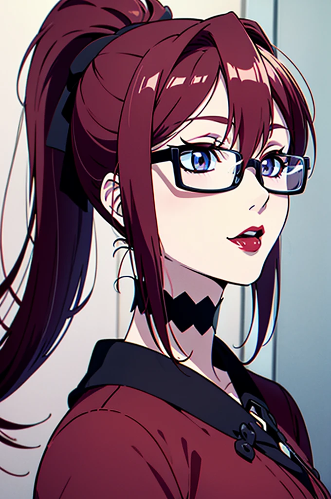 cel shading, detailed eyes, best quality, highly detailed, masterpiece, best quality, solo female, vampire woman, black square glasses, hair between eyes, long side locks, long dark red hair, detailed nose, red lipstick, hair in ponytail, ponytail, black choker, 