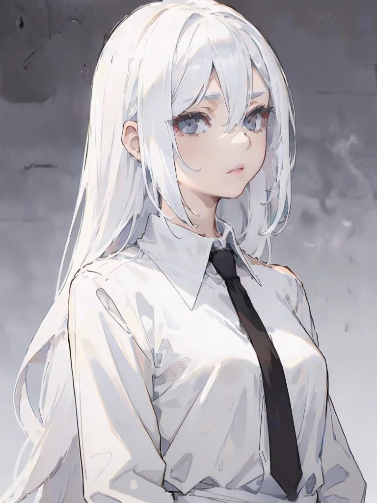 White Hair,White eyelashes,White Eyes,looking at the camera,A simple black long shirt,Realistic clothing drawing,Drawing range is from the waist up,An ennui look,Gazing somewhere far away,Fleeting atmosphere,Her hair is long and straight.,There&#39;s a lot of smoke,Wearing fog,art print,The background looks like it was painted over with black acrylic gouache.,Dark atmosphere,Crumbling angel halo、Her eyes are closing,