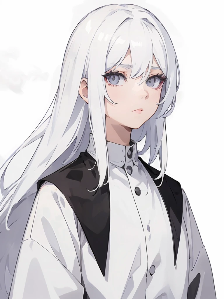 White Hair,White eyelashes,White Eyes,looking at the camera,Long black shirt,Realistic clothing drawing,Drawing range is from the waist up,An ennui look,Gazing somewhere far away,Fleeting atmosphere,Her hair is long and straight.,There&#39;s a lot of smoke,Wearing fog,art print,The background looks like it was painted over with black acrylic gouache.,Dark atmosphere,Crumbling angel halo、Her eyes are closing,