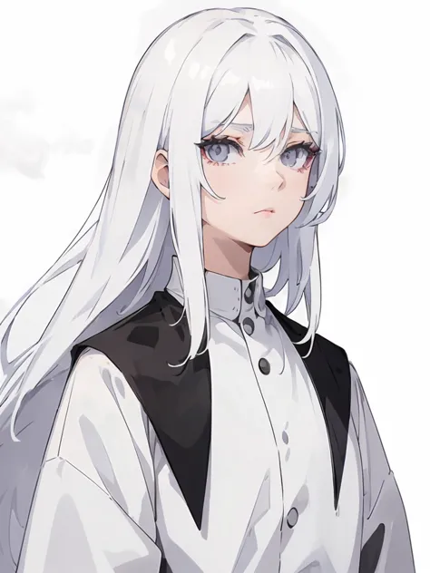 white hair,white eyelashes,white eyes,looking at the camera,long black shirt,realistic clothing drawing,drawing range is from th...