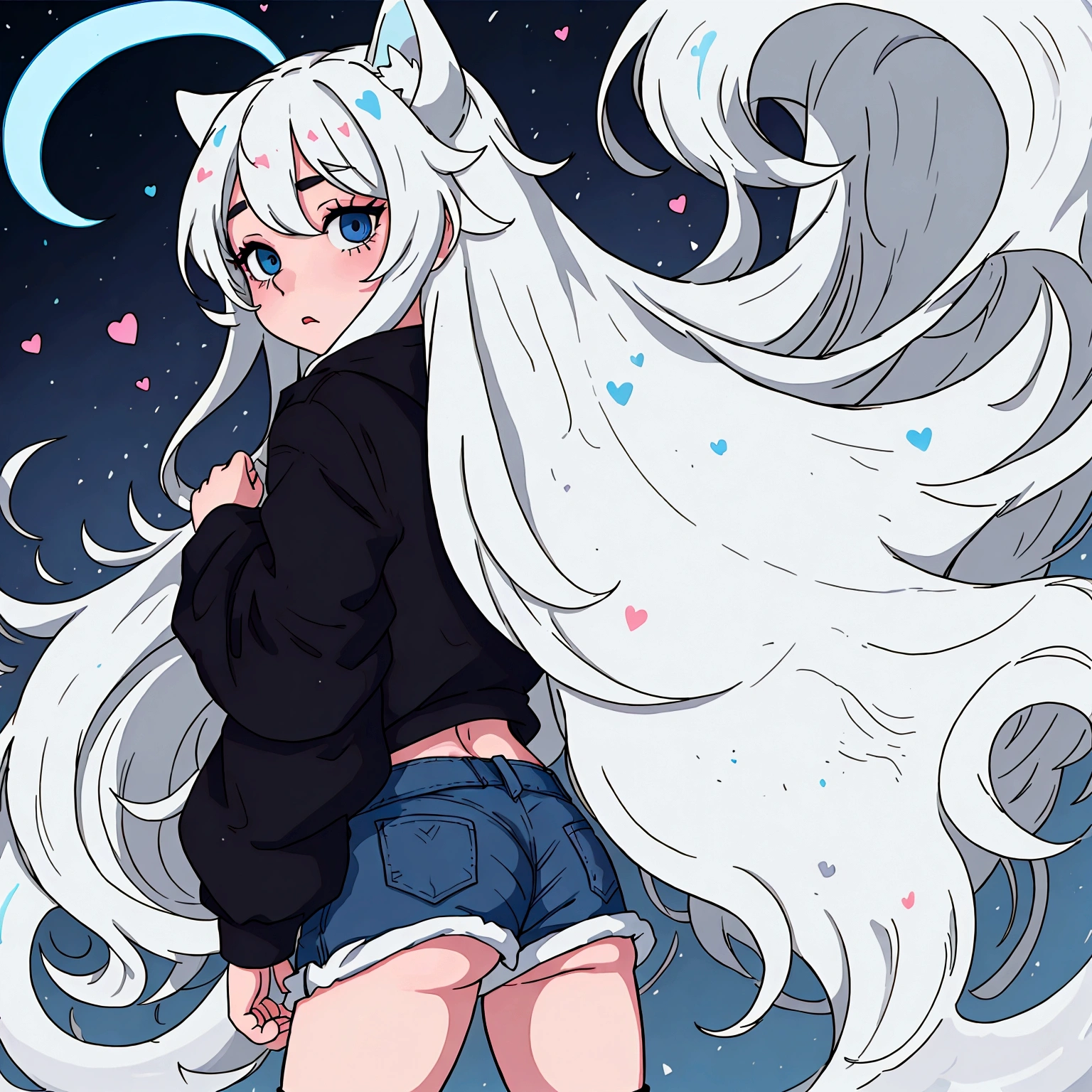 a cute adult male with wolf ears, long white hair, long locks, has a wolf tail, wearing a loose cropped oversized black hoodie, wearing a pair of denim short shorts and fishnet stockings, thick thighs, wide hips, relaxing on mound of fluffy multi colored kawaii plushies, short, very slim, showing slender tummy, heart on hoodie, squishy thighs, has glowing blue eyes. alone, solo (ALONE)(SOLO), surrounded by rainbows, colorful galaxy backround, turned around, shot from the back, big juicy butt, has a wedgie, in a breeding pose
