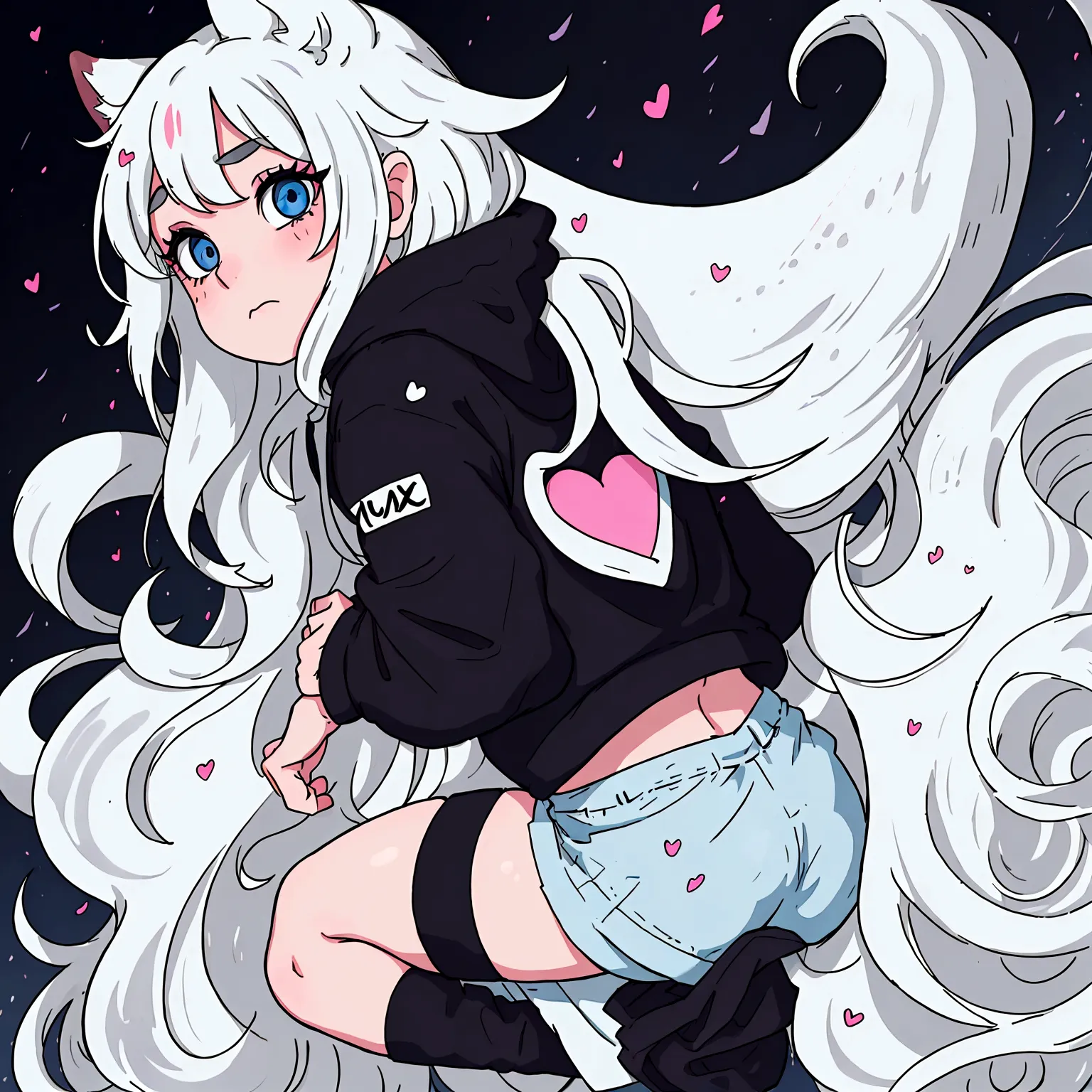 a cute adult male with wolf ears, long white hair, long locks, has a wolf tail, wearing a loose cropped oversized black hoodie, ...