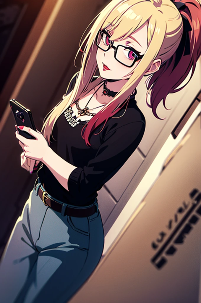 cel shading, detailed eyes, best quality, highly detailed, masterpiece, best quality, friends, half-body, vampire male with short blonde parted hair, cowboy hat, taking selfie, vampire woman wearing black square glasses has hair between eyes long side locks long dark red hair with detailed nose wearing red lipstick with hair in ponytail, black choker, cowboy outfits