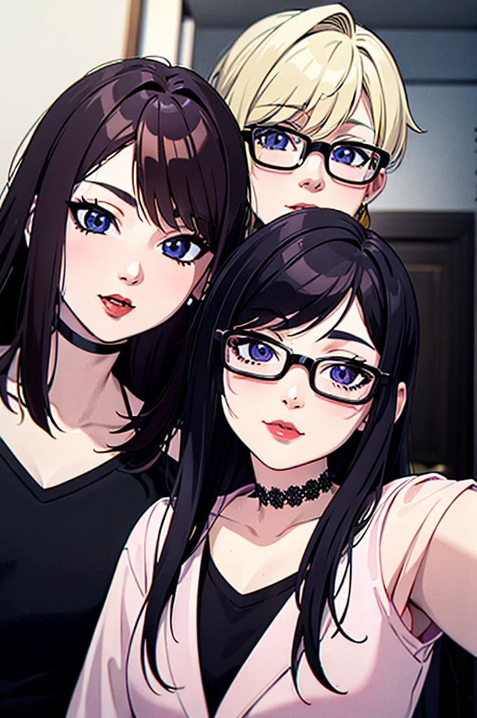 cel shading, detailed eyes, best quality, highly detailed, masterpiece, best quality, 1male, 1female, two people, friends, half-body, vampire male with short blonde parted hair, cowboy hat, taking selfie, vampire woman wearing black square glasses has hair between eyes long side locks long dark red hair with detailed nose wearing red lipstick with hair in ponytail, black choker, cowboy outfits