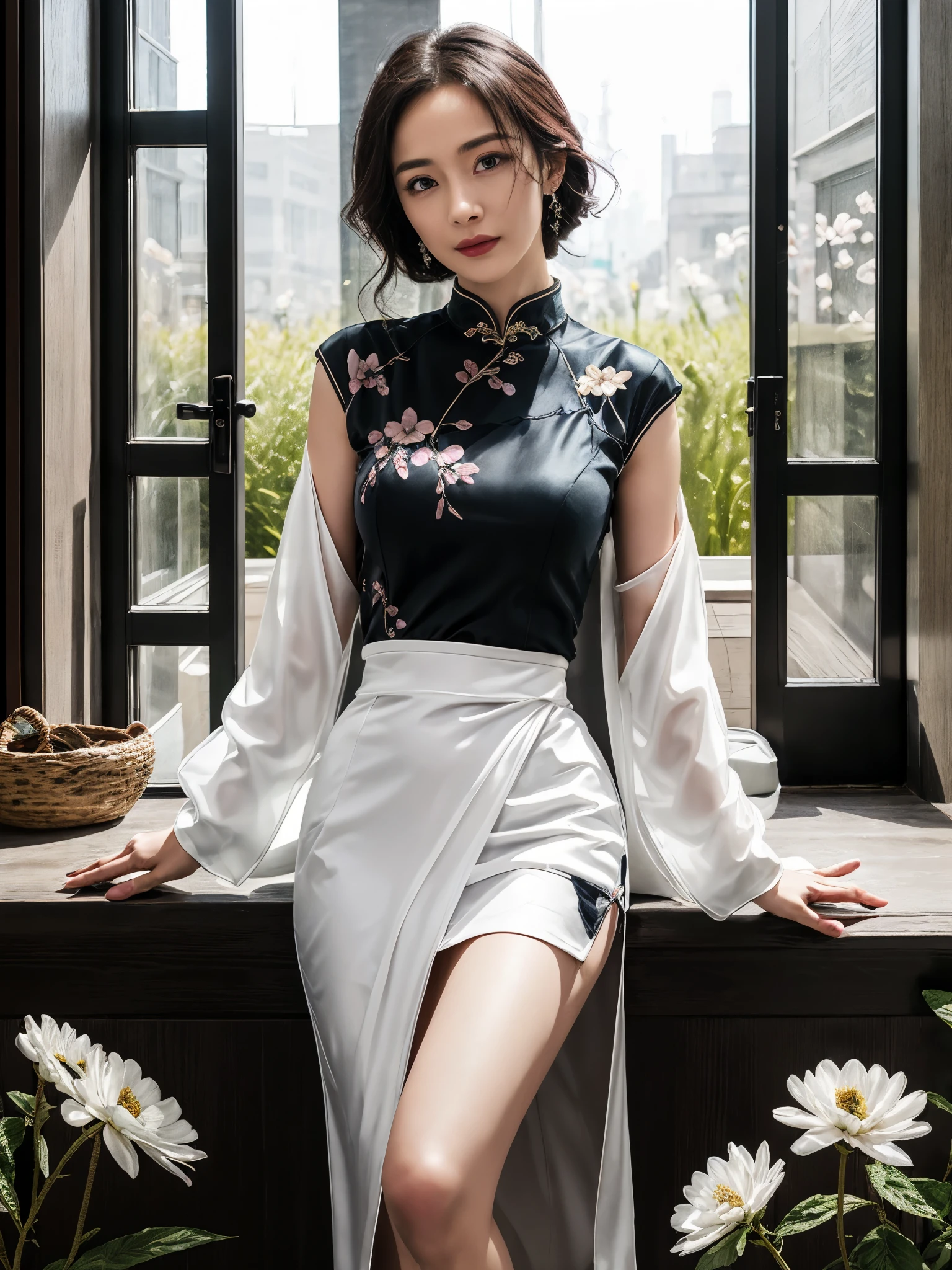 1girl, detailed face, looking at viewer, head tilt, robe jacket, tucked inner cheongsam, formal skirt, (flower embellishment:1.2), modern comfy interior design, modern art geometric background, large clear glass door, green field, trees, gigantic breast, 