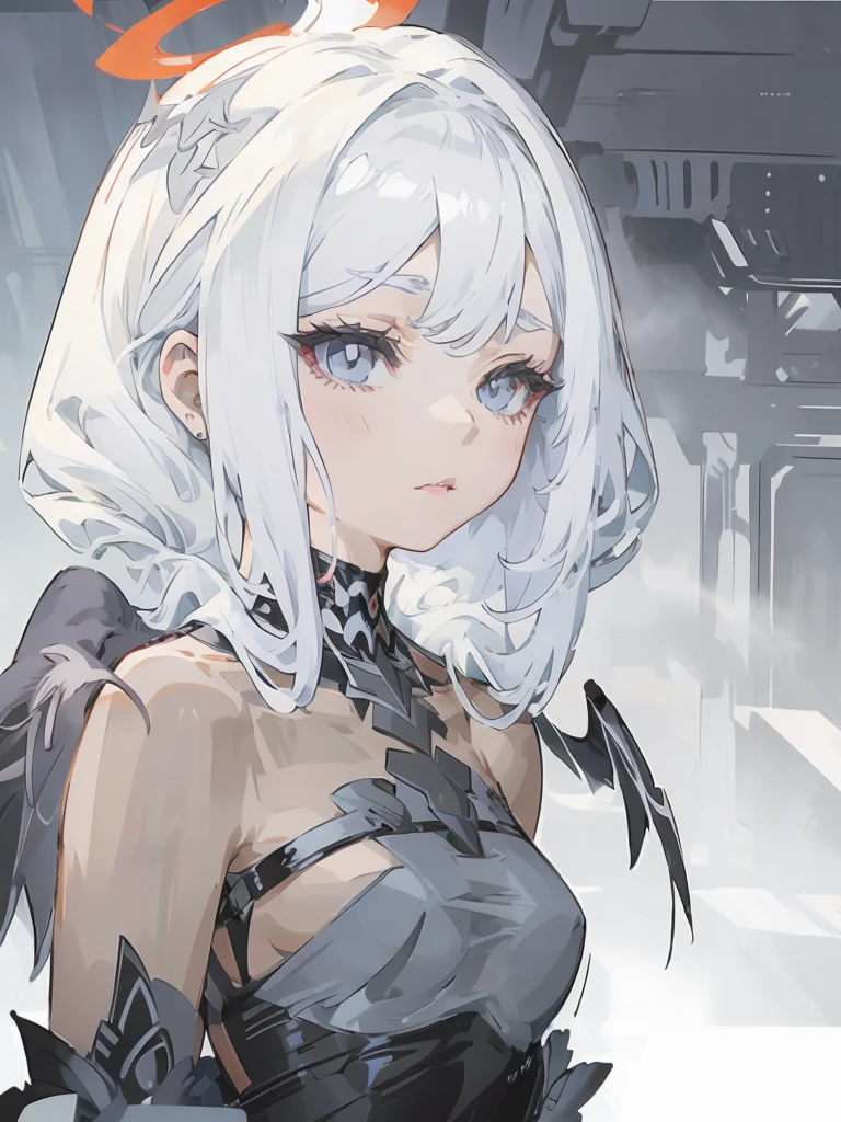 White Hair,White eyelashes,White Eyes,looking at the camera,A simple black long shirt,Realistic clothing drawing,Drawing range is from the waist up,An ennui look,Gazing somewhere far away,Fleeting atmosphere,Her hair is long and straight.,Smoke is shining,Wearing fog,art print,The background looks like it was painted over with black acrylic gouache.,Dark atmosphere,Crumbling angel halo、Her eyes are closing,Hollow Eyes