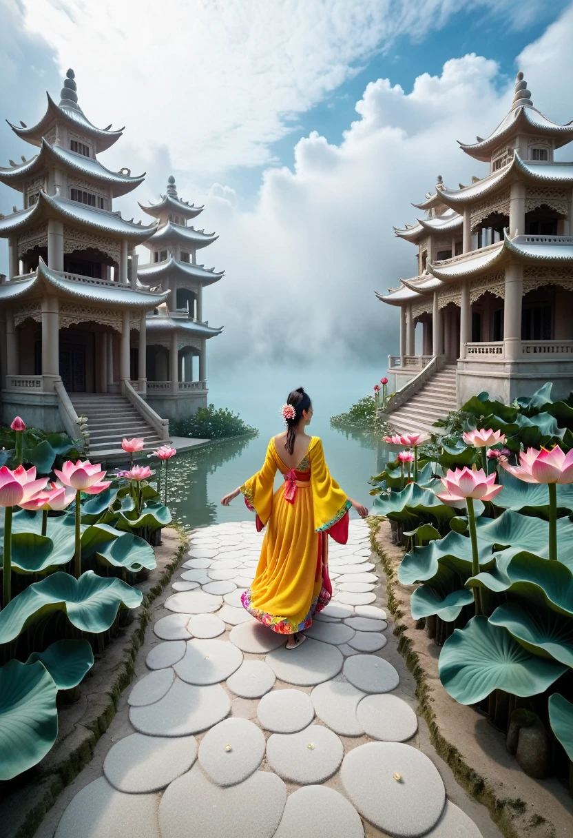 Strolling in Wonderland：Beautiful woman steps on the clouds，Wearing colorful feathered clothes，Holding a lotus lantern，Looks as calm as water，White clouds lingering under your feet，Surrounded by blooming fairy flowers and exotic plants，In the distance, you can vaguely see the beautiful buildings，Like a palace in heaven。