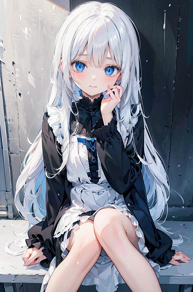 Ainme art. A girl . White hair . Blue eyes . Arrogant smirk . Wearing black clothes . Sitting on chair