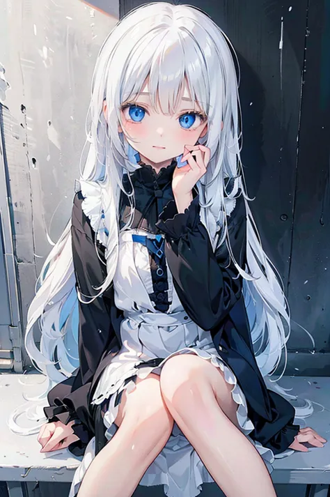 ainme art. a girl . white hair . blue eyes . arrogant smirk . wearing black clothes . sitting on chair