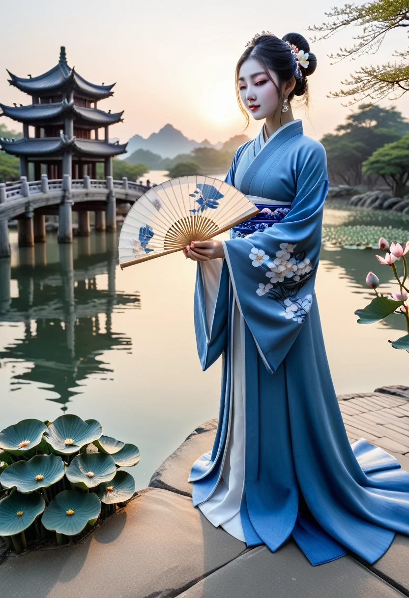 Portrait，Ultra-clear details，The surface of the lake ripples：Lakeside Beauty，A Hanfu with blue and white porcelain pattern，Holding a folding fan half-covering the face，Eyes full of affection，身后The surface of the lake ripples，Lotus flowers dotted the landscape，The ancient bridge lies in the distance，The setting sun is shining，Constitute a picture of Jiangnan water town。