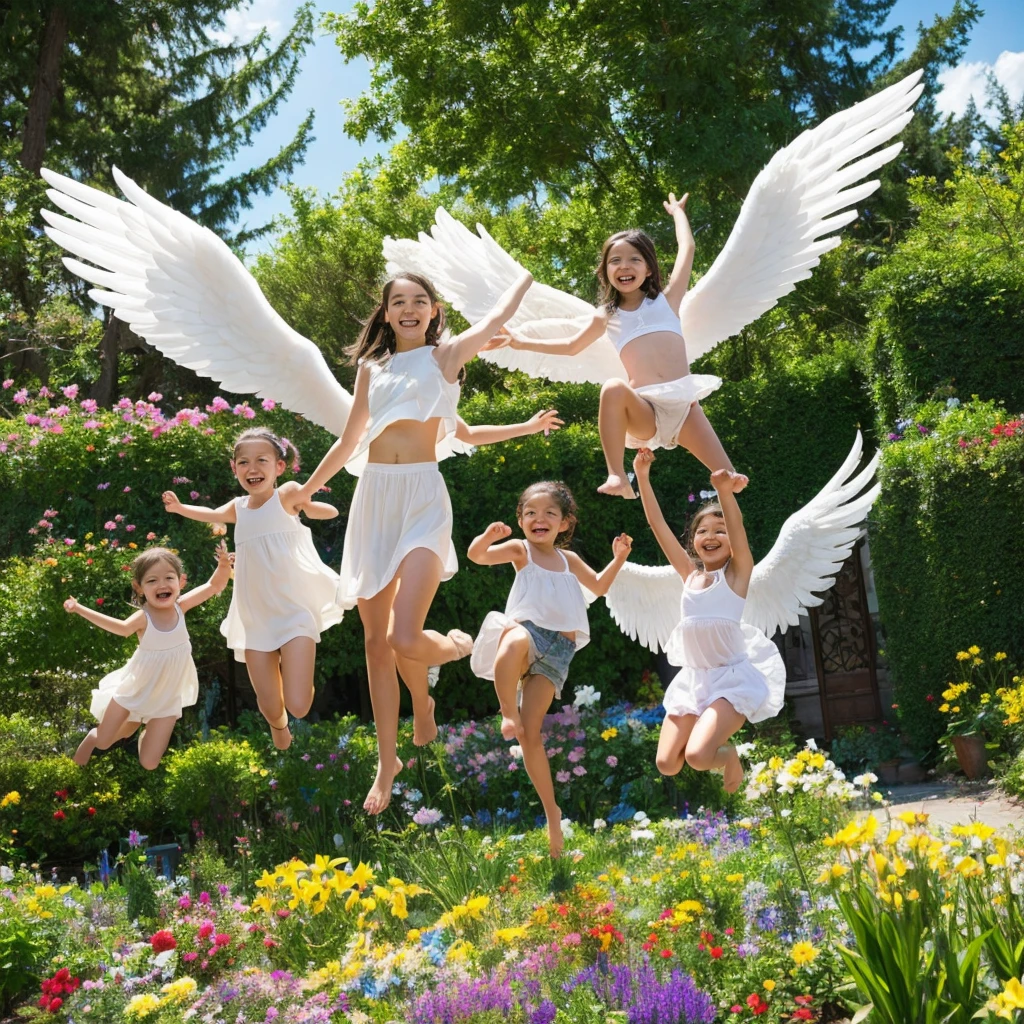 angel art, everyone jumps, smiles, joy, heaven, love, flower garden, happiness, light, lassen